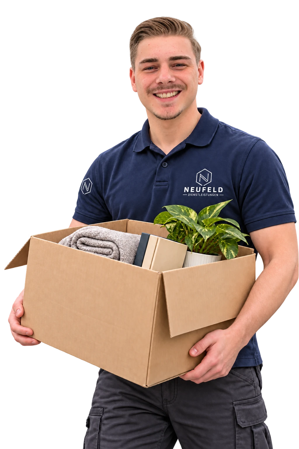 Digital gestaltetes Motiv von Kai Neufeld mit Karton und Neufeld-Arbeitspolo
